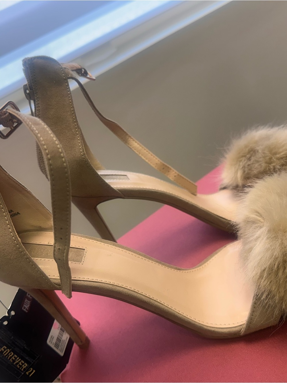 Forever 21 Neutral Faux Fur Ankle-Strap Stiletto Heels
